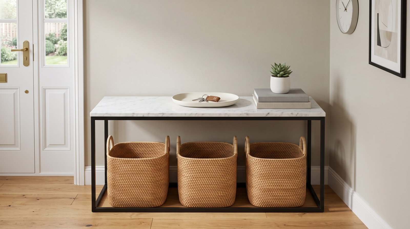 console table styling steps for a welcoming foyer woven baskets underneath