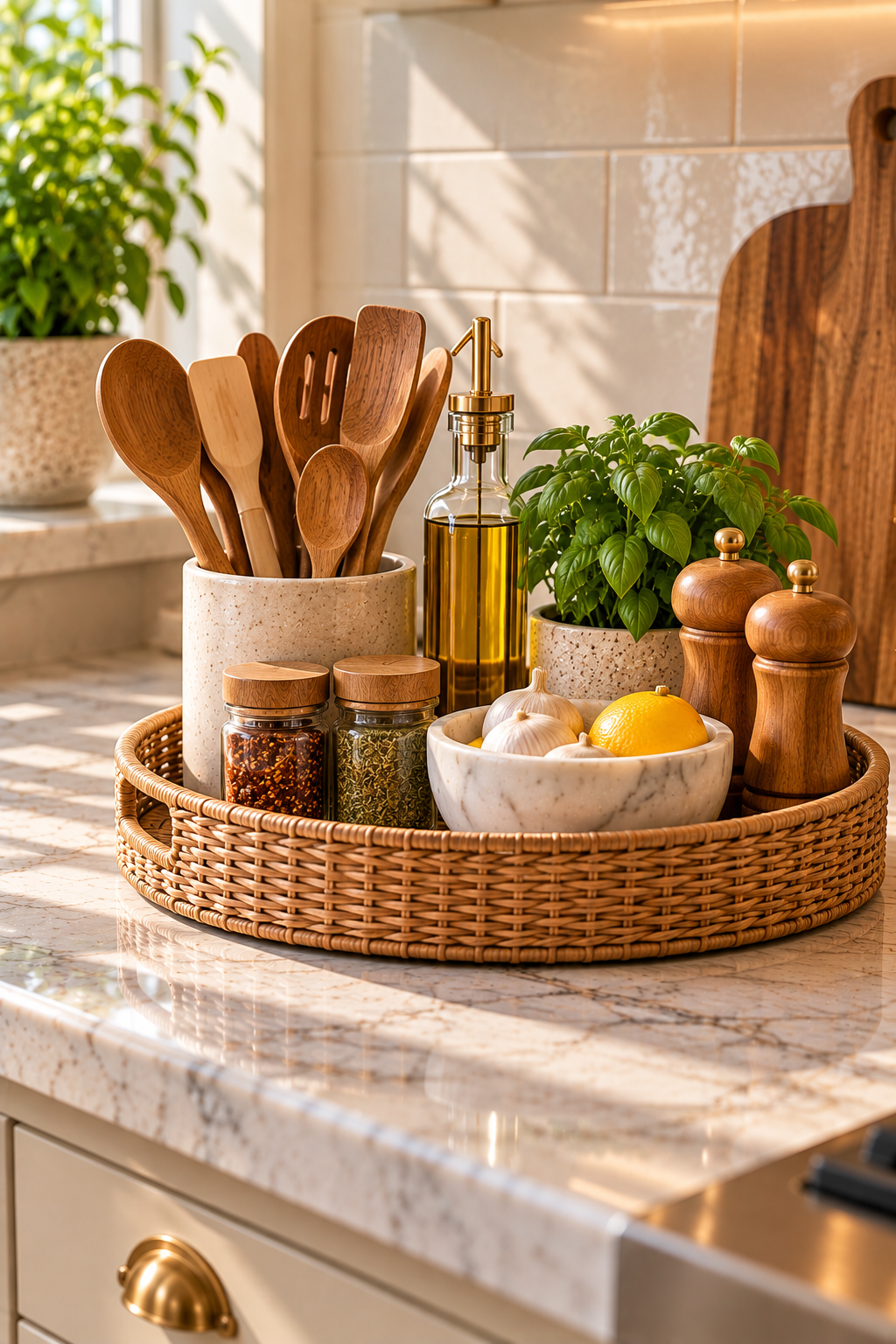 Woven kitchen countertop organizer tray with everyday cooking essentials