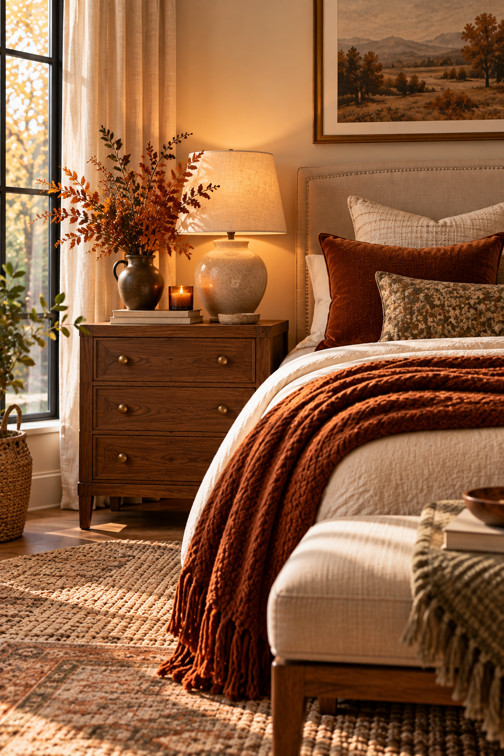 Woven storage basket filled with cozy throws in a warm minimalist fall living room