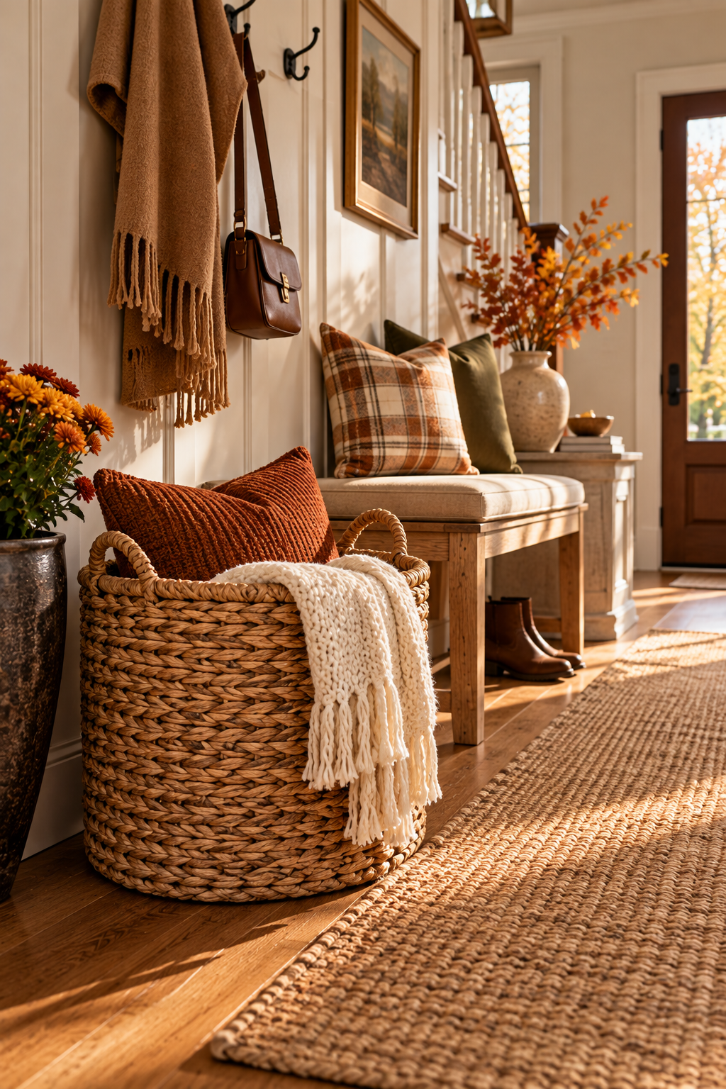 Woven storage basket for practical fall entryway ideas