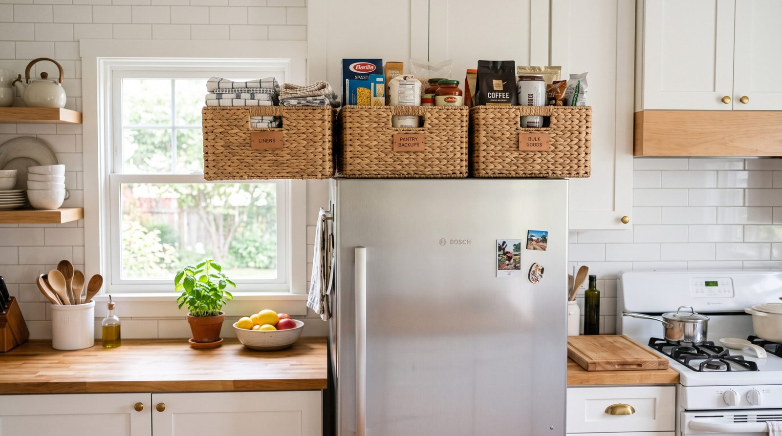 over the fridge storage ideas to maximize kitchen space woven baskets