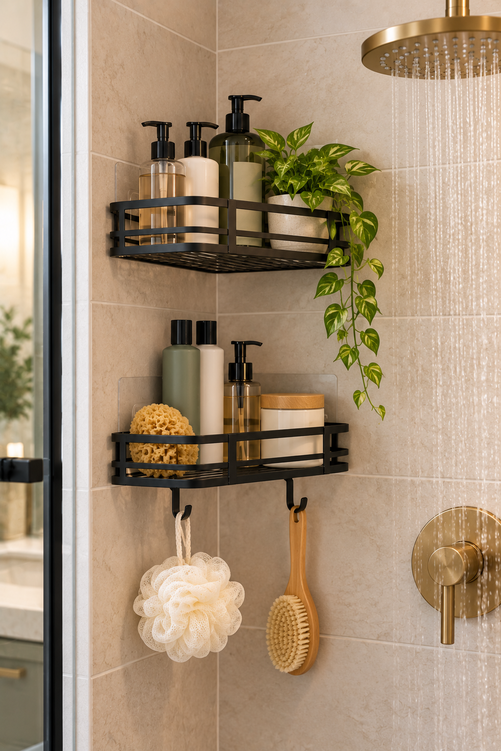 Adhesive shower caddy shelves organizing toiletries in a small bathroom shower