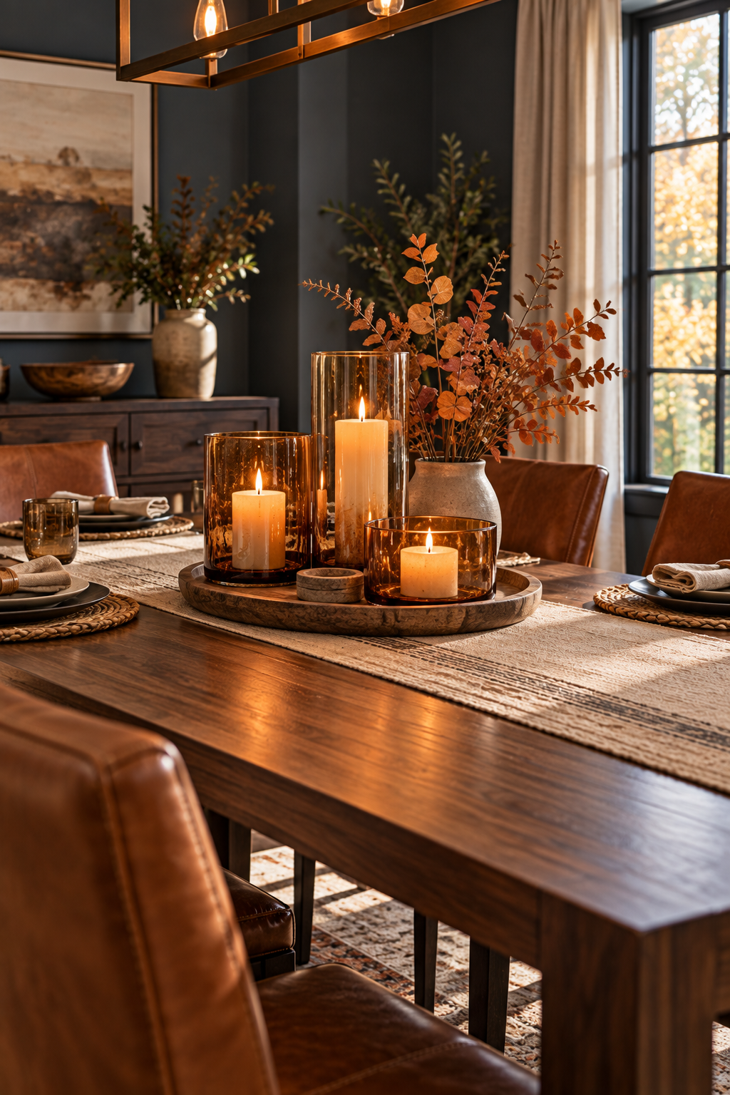 amber glass candle holders creating a warm glow for fall decor