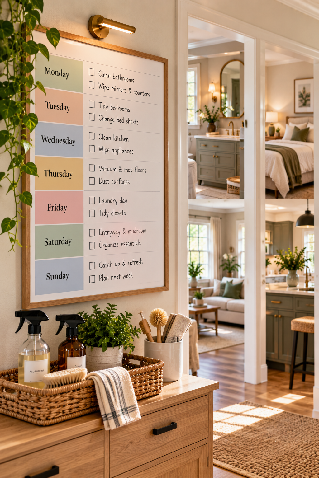 Weekly cleaning schedule with household tasks assigned to specific days of the week