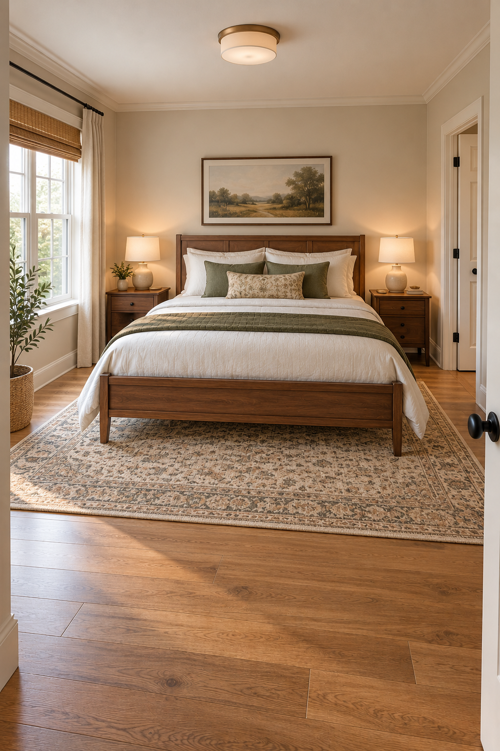 Awkward bed placement compared with a balanced bedroom layout that keeps doors and walking paths clear