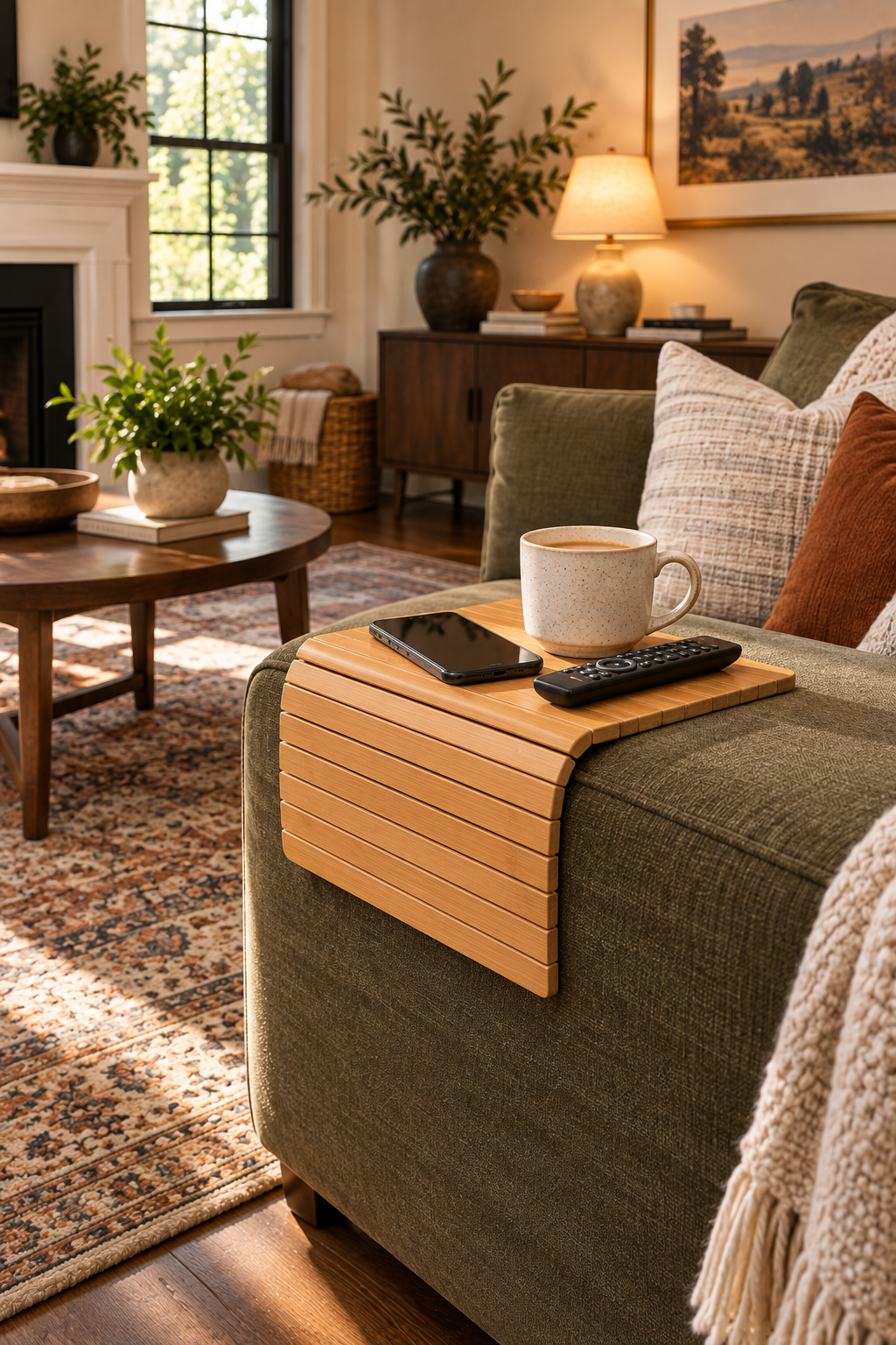bamboo sofa arm tray for a functional small living room