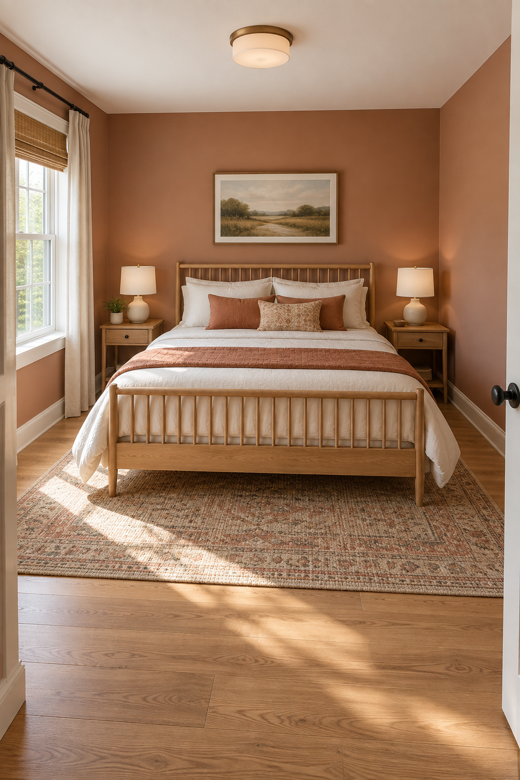 Oversized bed crowding a bedroom compared with a properly scaled bed and comfortable walking space