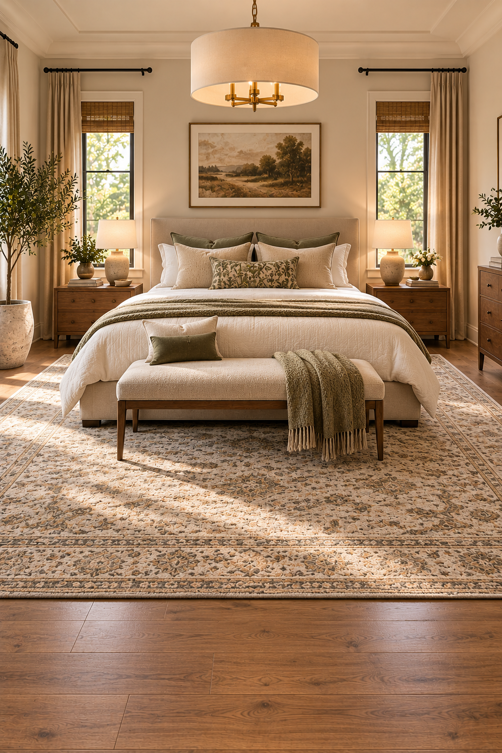 Correct bedroom rug size extending beyond the sides and foot of the bed