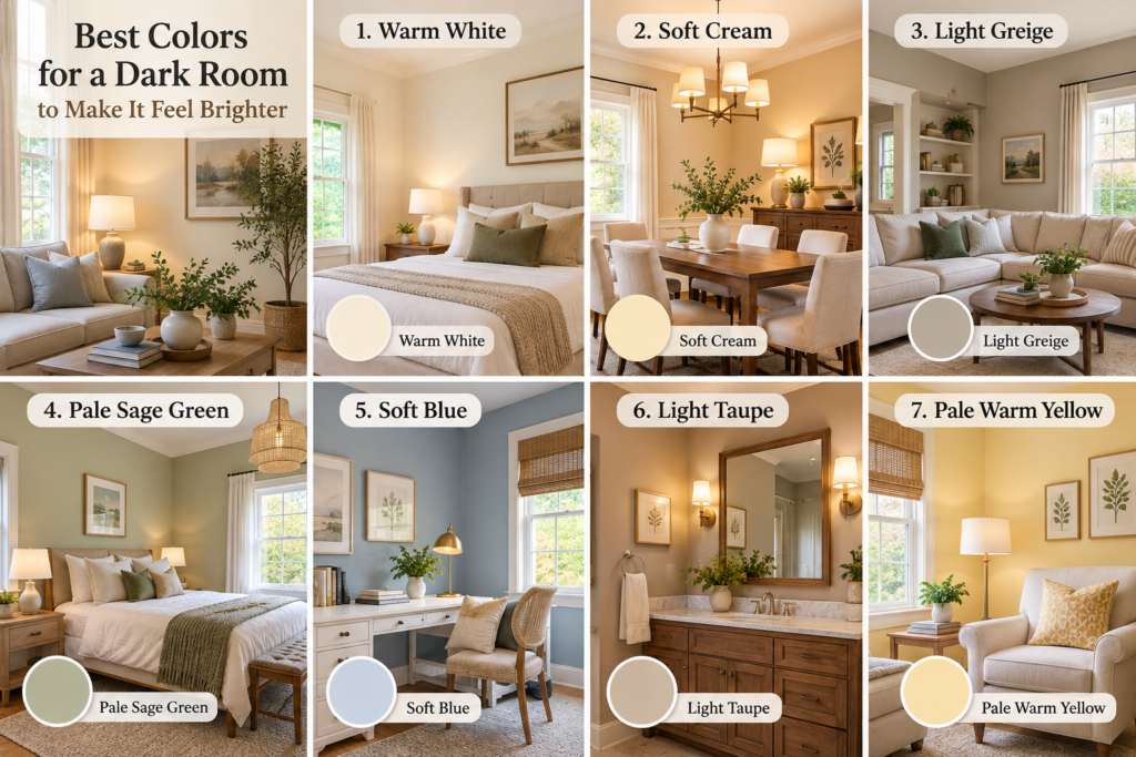 Best colors for a dark room including warm white cream greige sage green soft blue taupe and pale yellow