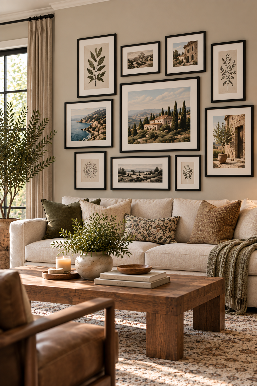 matte black frame gallery wall with mixed size artwork above a sofa