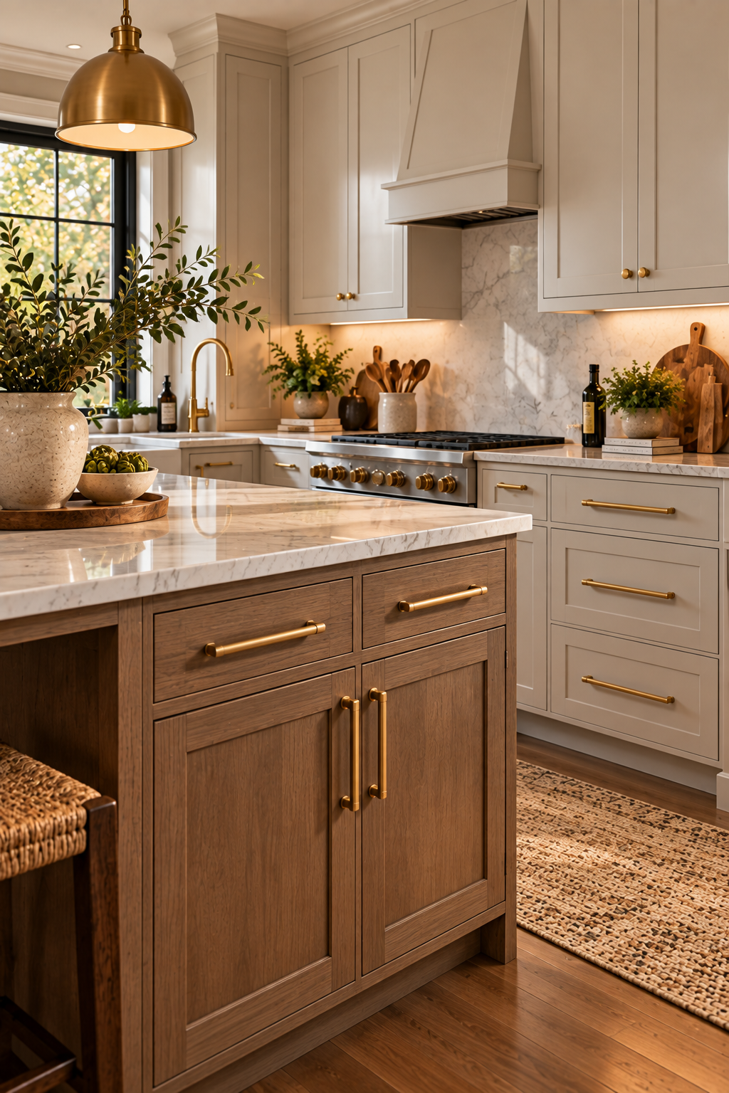 budget-friendly kitchen makeover with brushed brass cabinet pulls