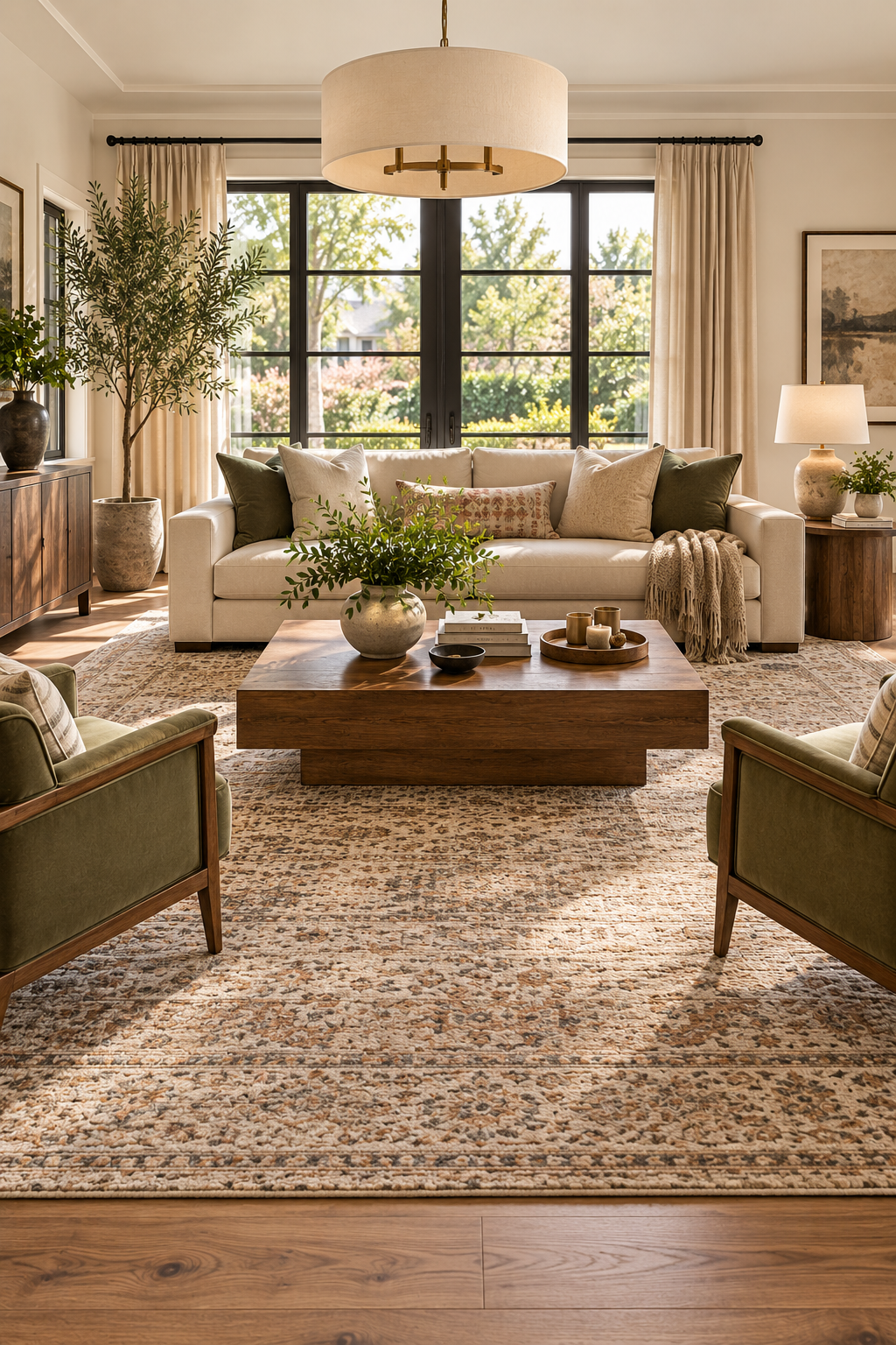 The furniture should guide the rug size. Before measuring for a rug, look at how your sofa, chairs, tables, or other major pieces are arranged and treat them as one visual group. To choose the right rug size, aim for a rug that connects the main furniture rather than floating by itself in the middle of the floor. Why It Works: A properly scaled rug visually anchors the furniture and makes the entire room feel more balanced and cohesive. Designer Tip: Measure your furniture layout before shopping for a rug, not just the dimensions of the room.