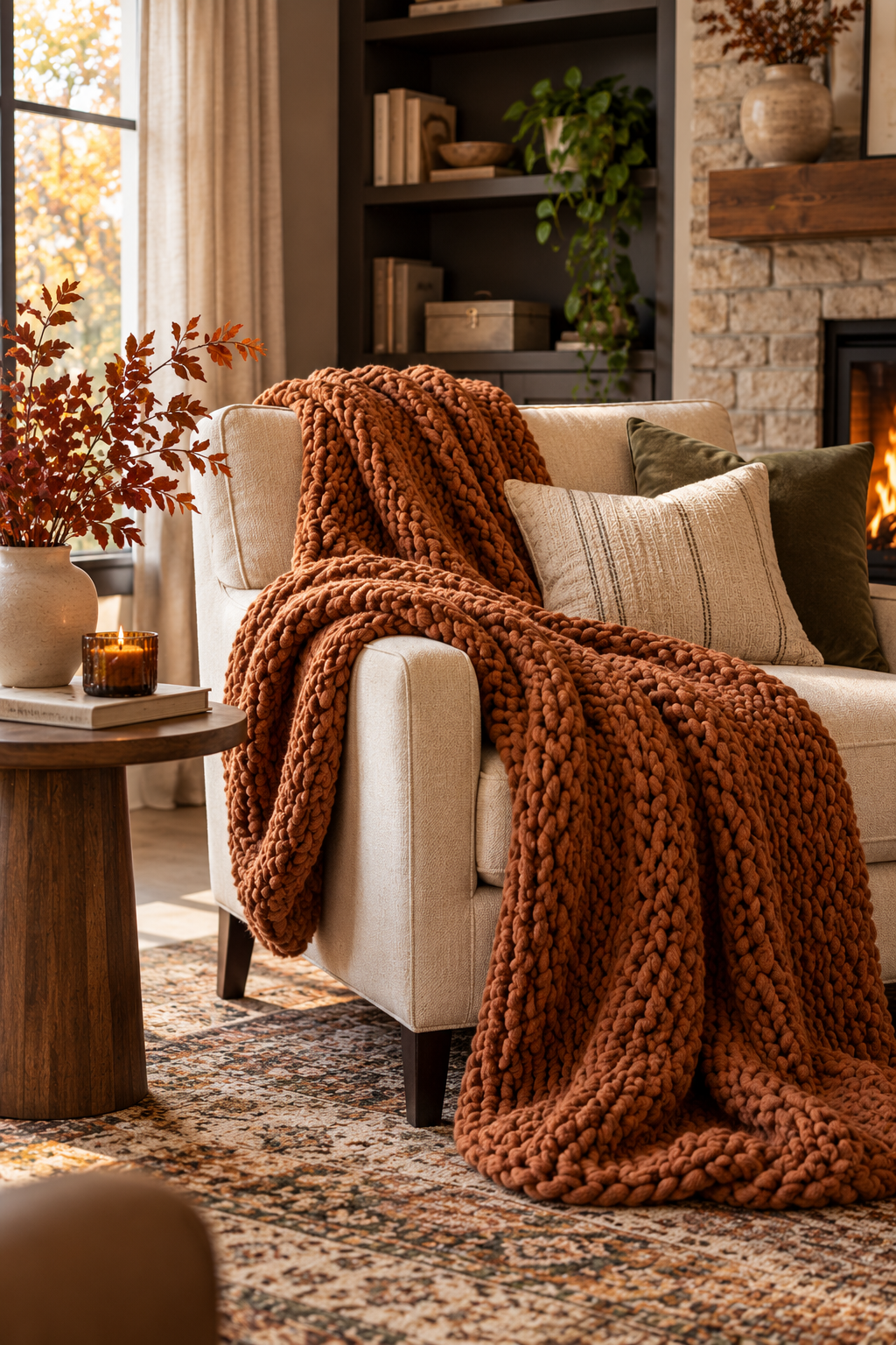 rust chunky knit throw blanket adding warm texture to fall decor