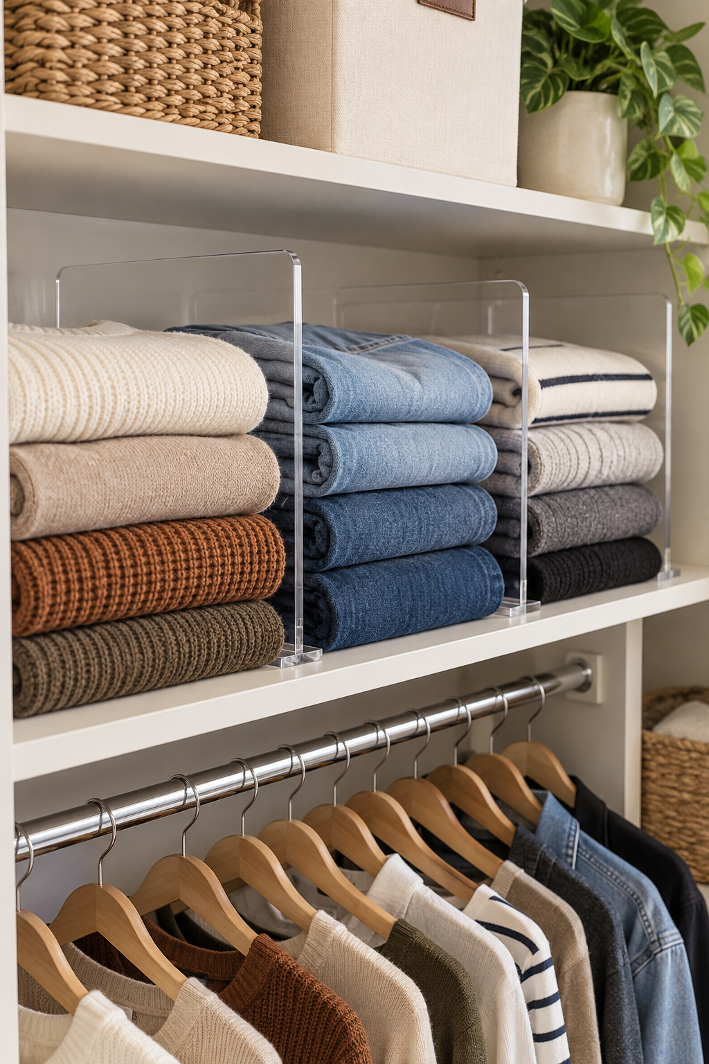 lear shelf dividers organizing folded clothes on a closet shelf