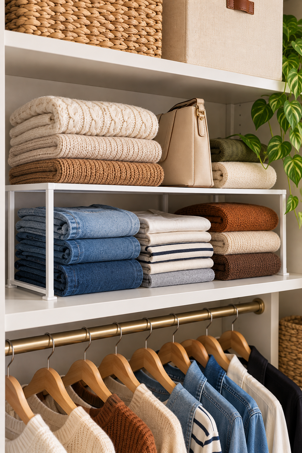 closet shelf riser creating two levels of storage for folded clothes