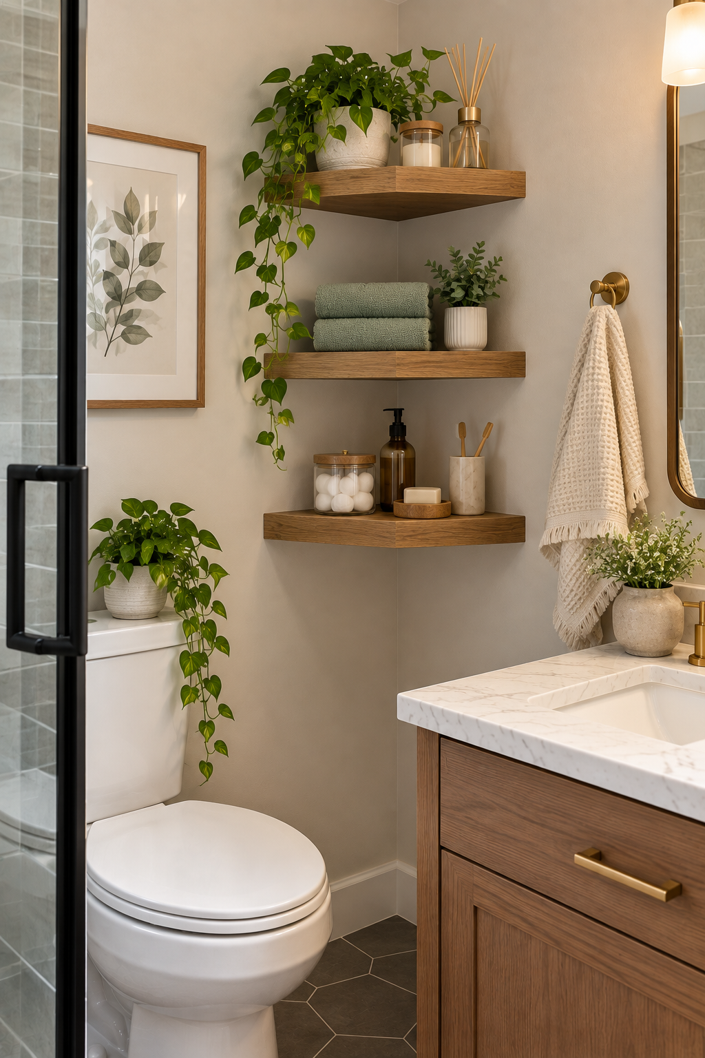 Wood corner floating shelves for toiletries and towels in a small bathroom