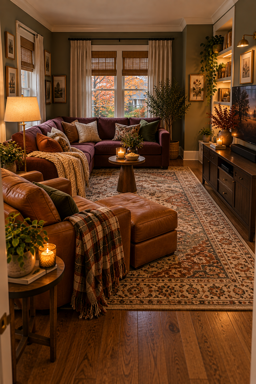 corner sofa and oversized chair layout for a cozy fall movie night