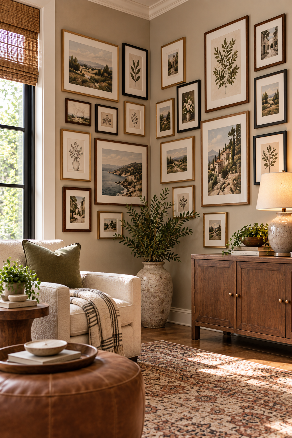 gallery wall layout wrapping around an awkward interior corner