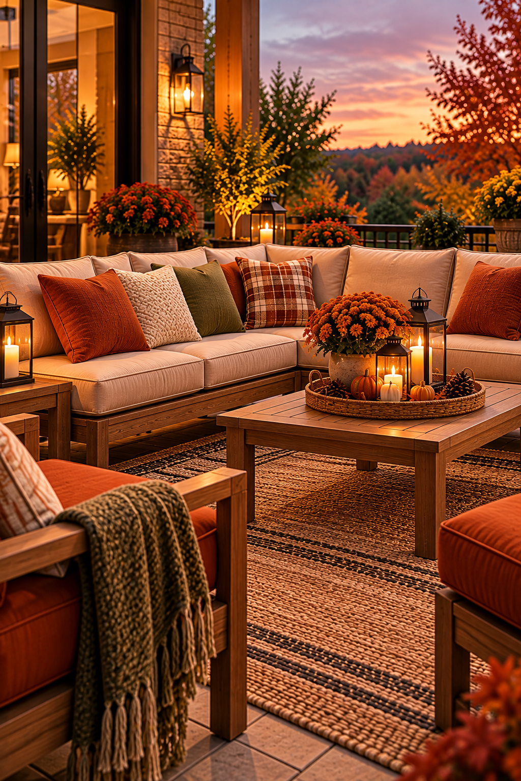 cozy fall patio seating with thick weather resistant outdoor cushions