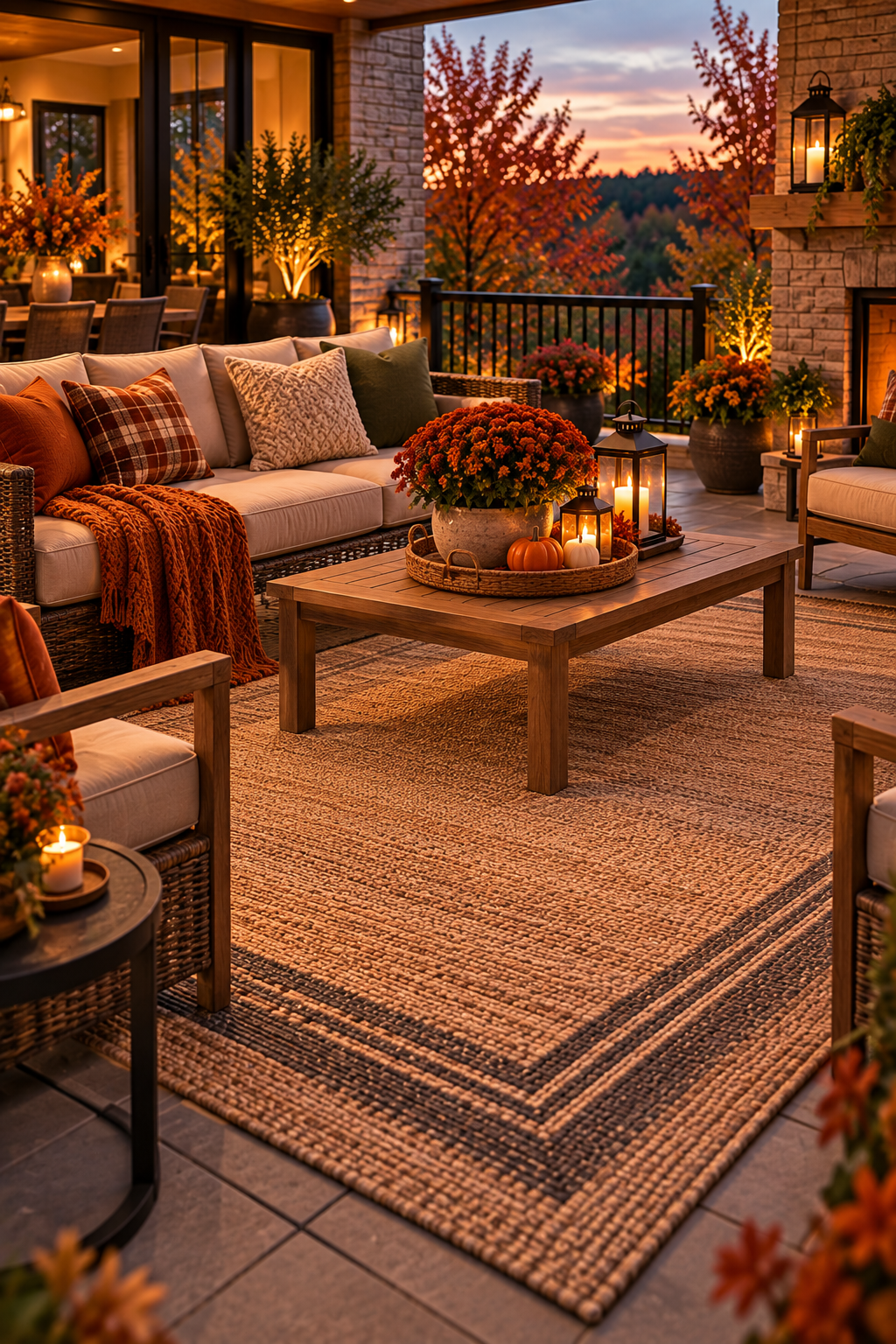 cozy fall patio with large weather resistant outdoor rug