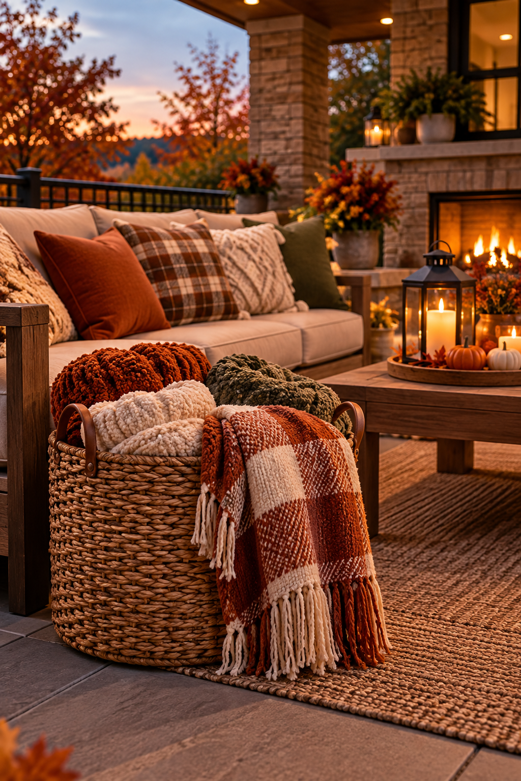 cozy fall patio with outdoor throw blankets in a woven basket
