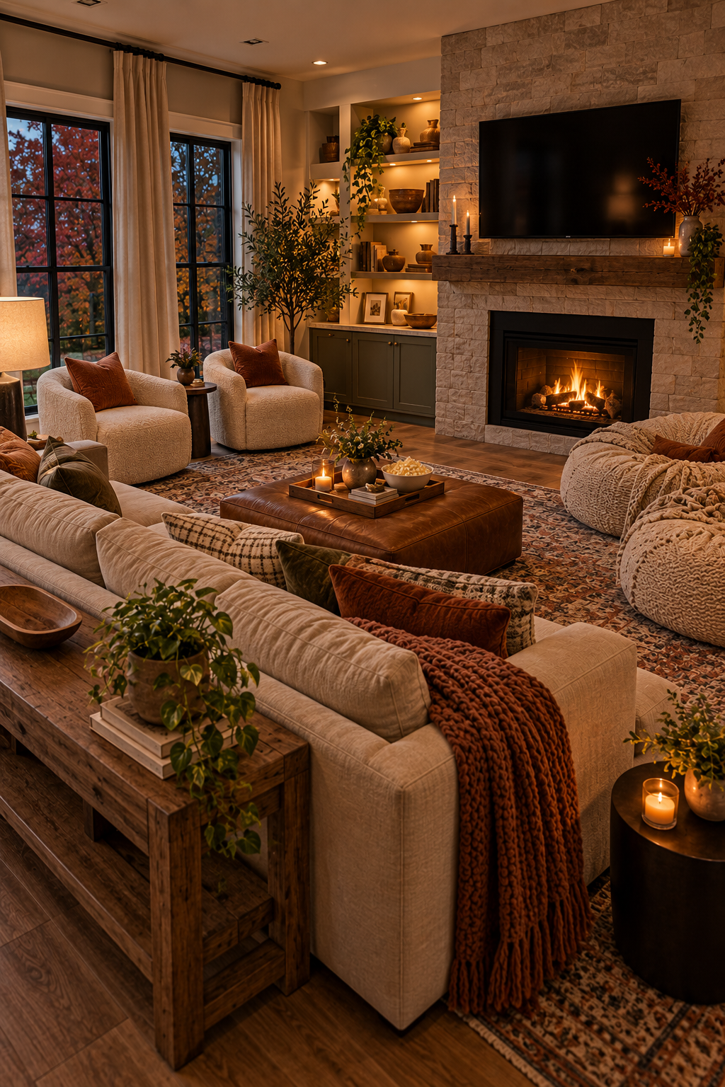 fireplace-focused living room layout for cozy fall movie nights
