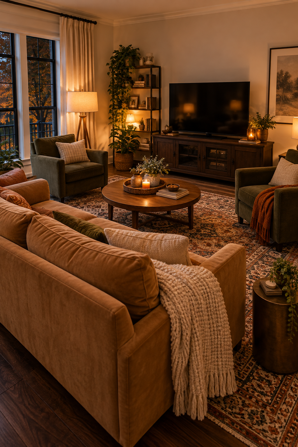 cozy living room layout ideas with a sofa and two chairs for fall movie nights