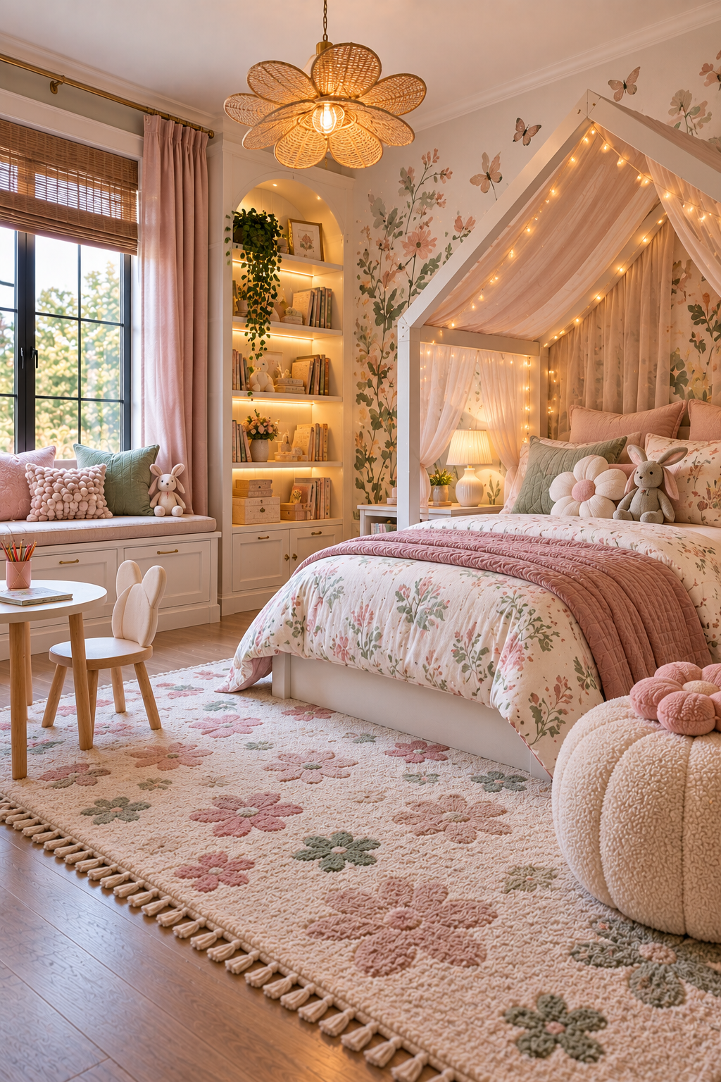 cozy kids bedroom with reading nook, built-in bookshelves and soft canopy