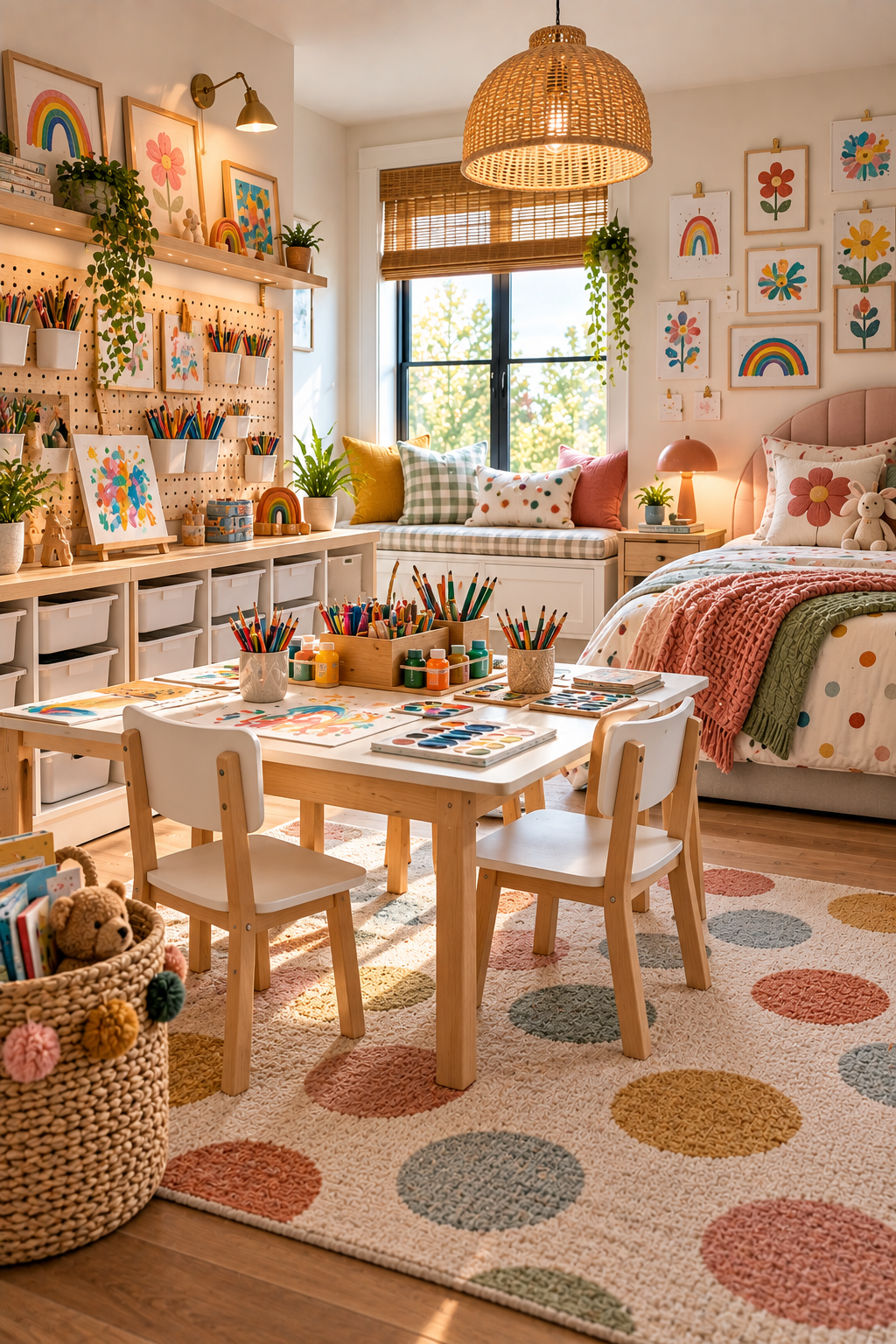 creative kids bedroom with art table, chairs and organized art supplies