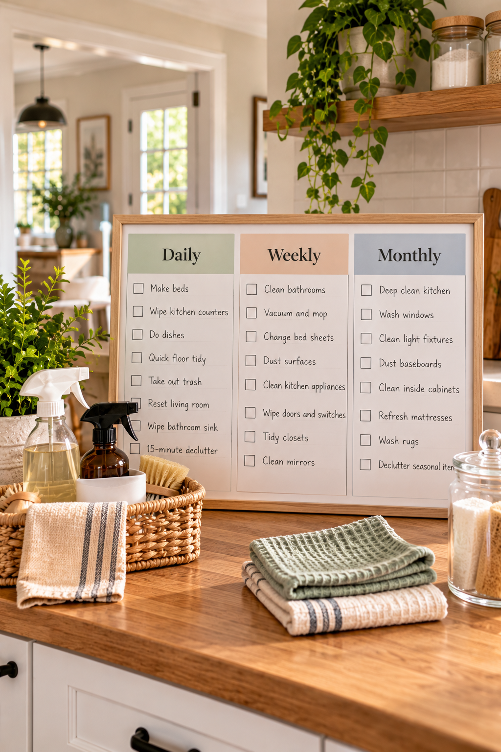 Daily weekly and monthly cleaning tasks organized into a simple home cleaning schedule