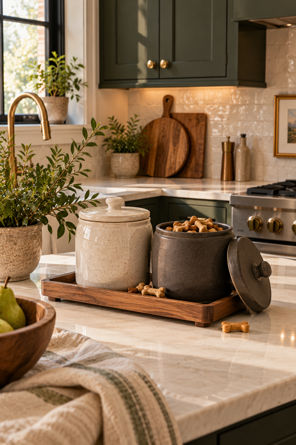 decorative ceramic dog treat jars styled on a kitchen counter