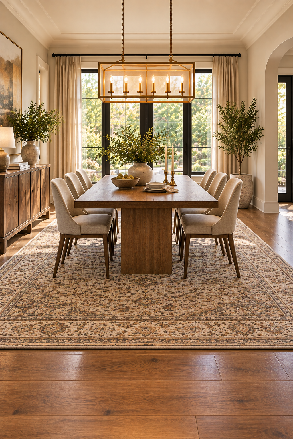 Correct dining room rug size extending beyond the table and chairs