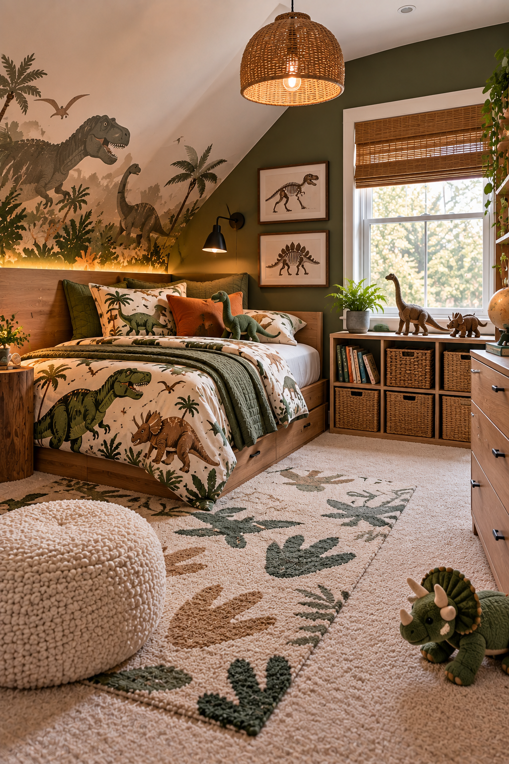 dinosaur adventure kids bedroom with dinosaur bedding and themed decor