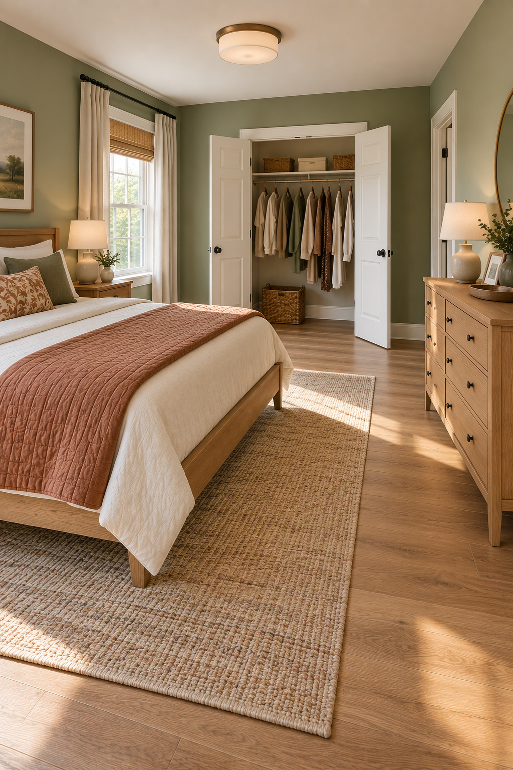 Bedroom layout showing proper clearance for opening dresser drawers and closet doors comfortably