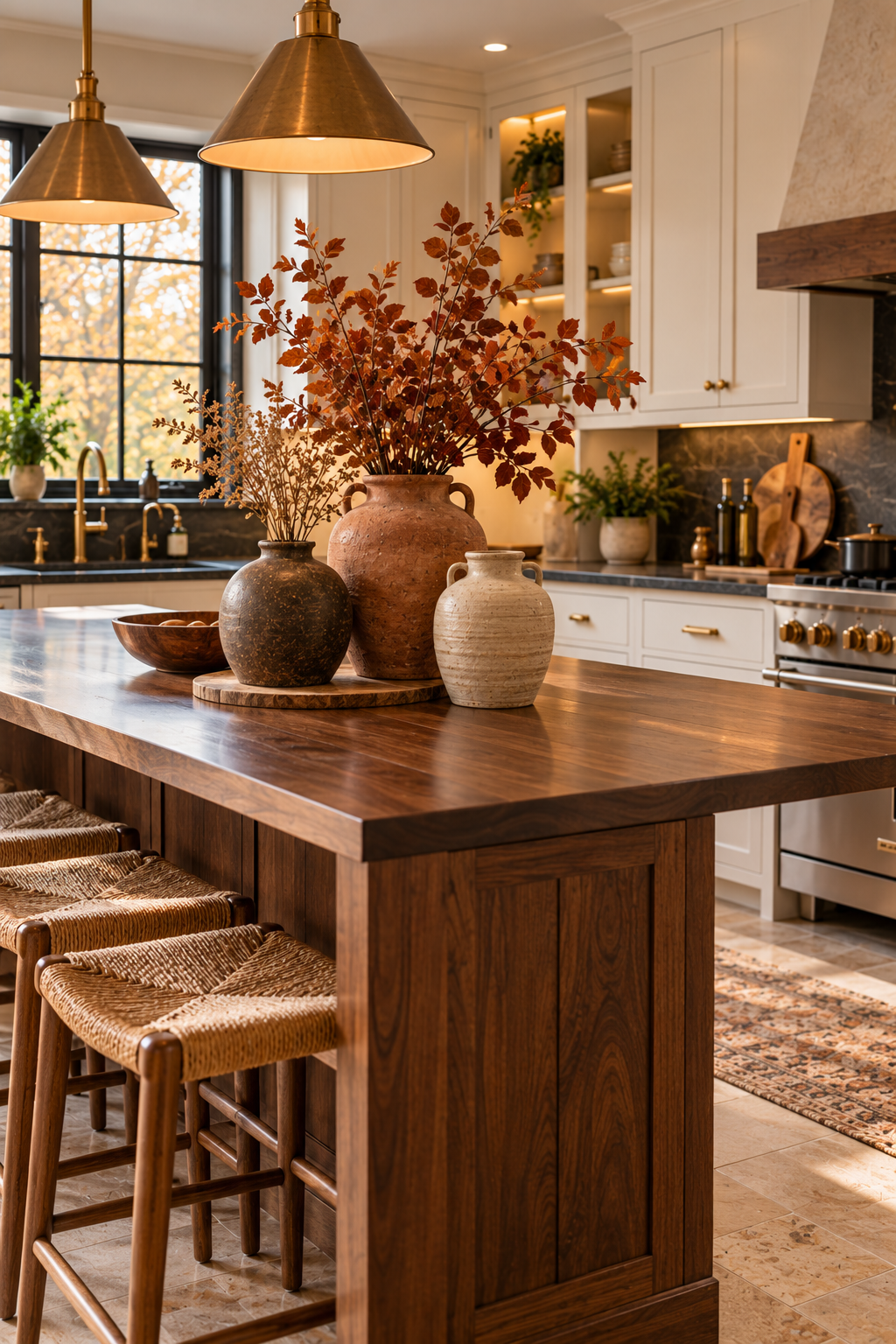 earth tone ceramic vases with seasonal branches for fall home decor