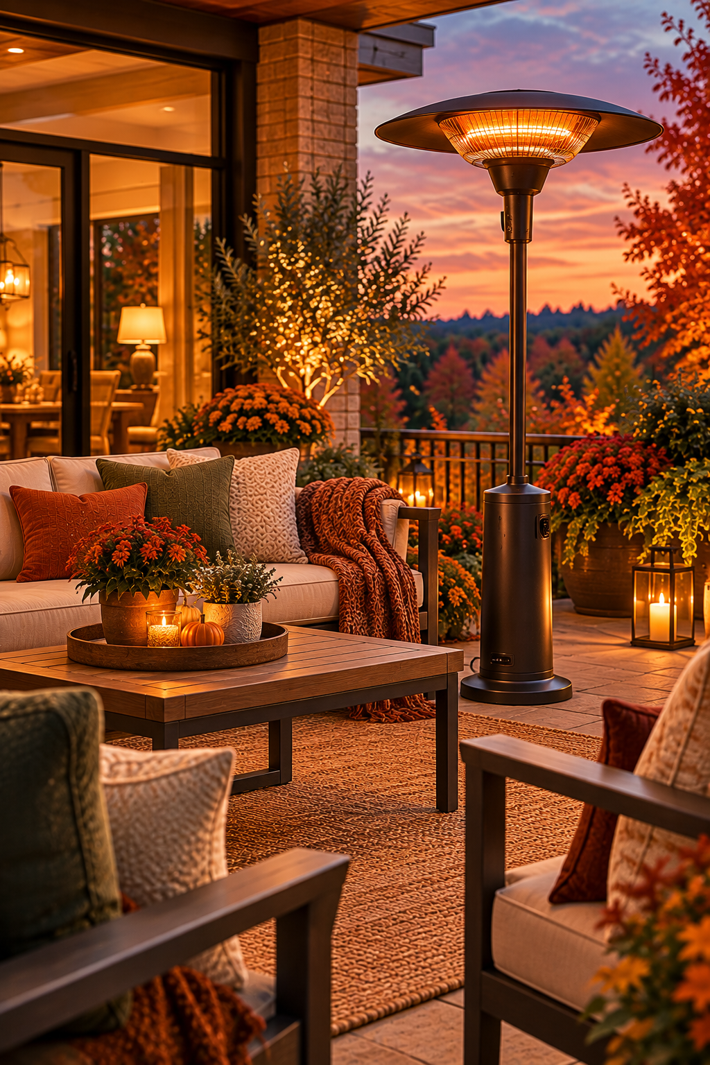 electric patio heater warming a cozy fall patio on a chilly October evening