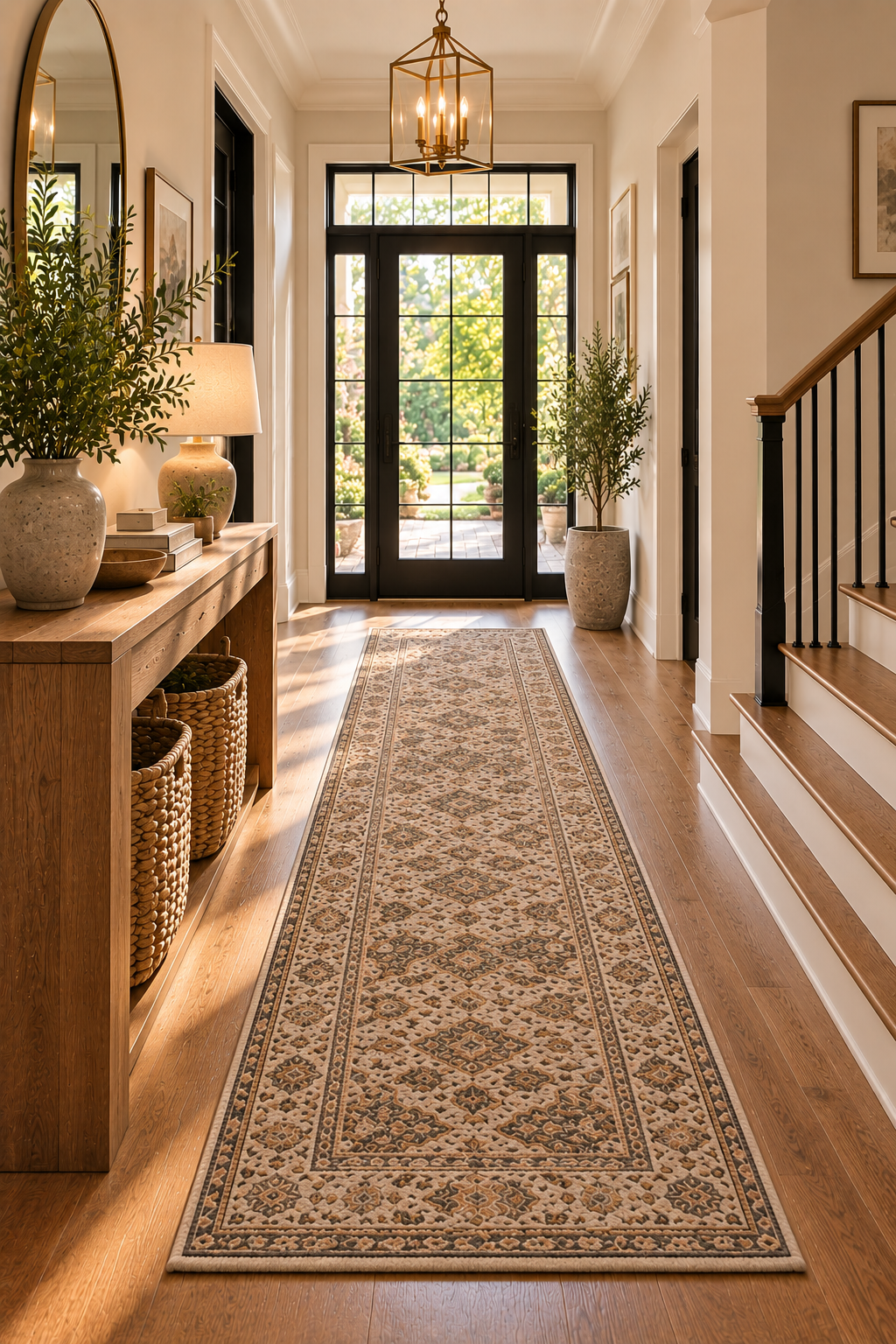 Entryway and hallway runner rug with balanced floor space on both sides
