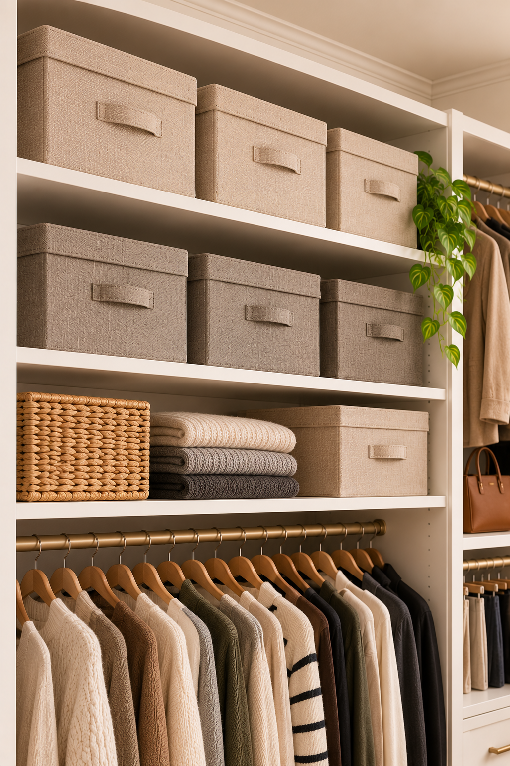 lidded fabric storage bins organizing seasonal items on closet shelves