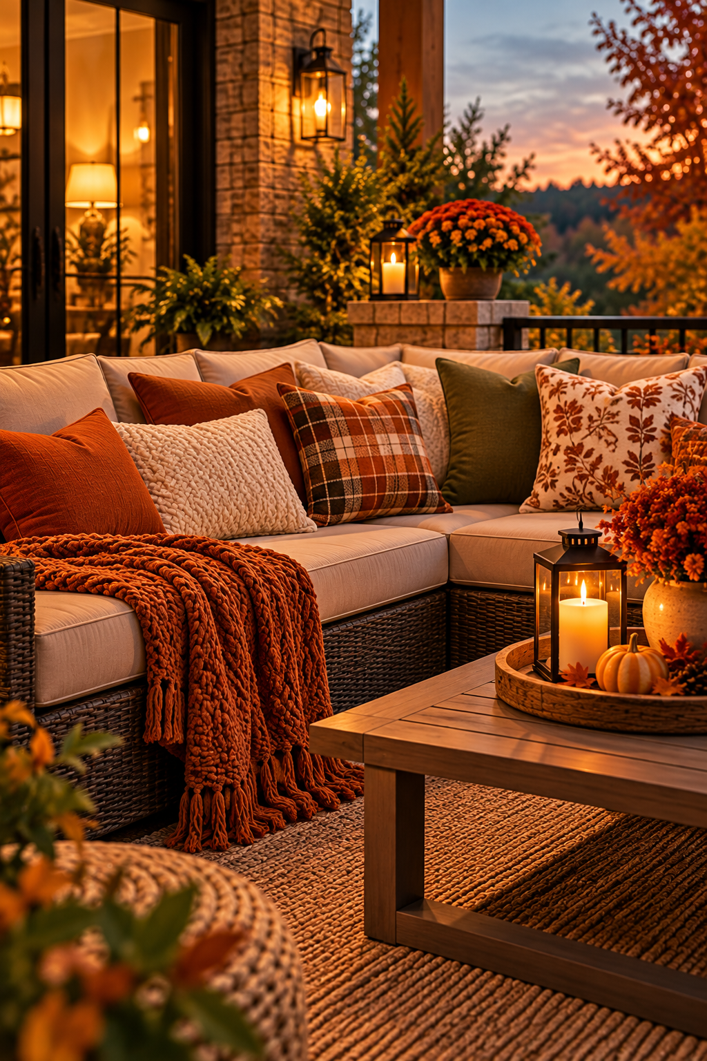 cozy fall patio with rust plaid and olive outdoor pillows