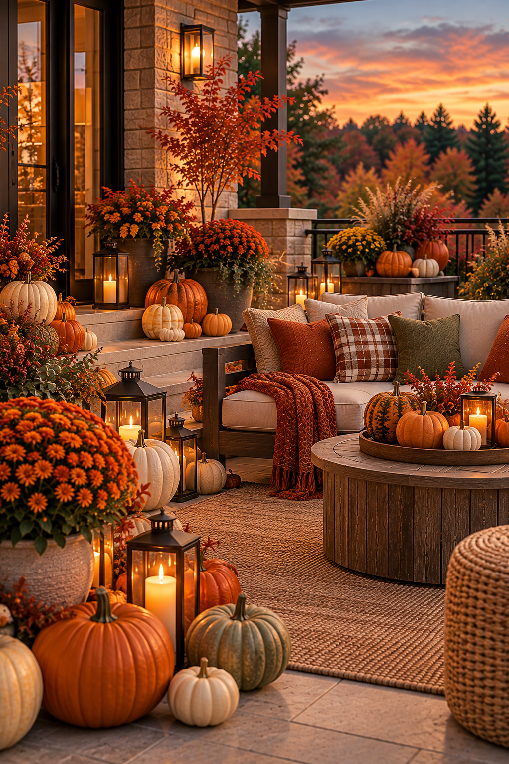 cozy fall patio decorated with artificial pumpkins for October evenings