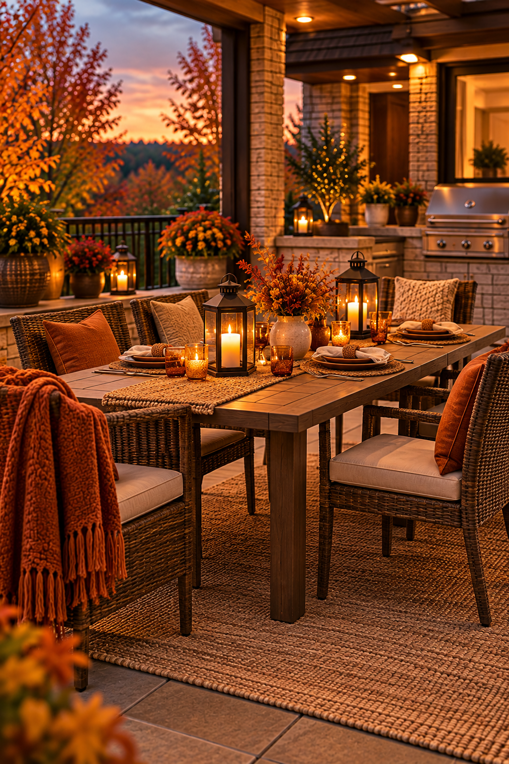 cozy fall patio dining area with outdoor flameless lanterns