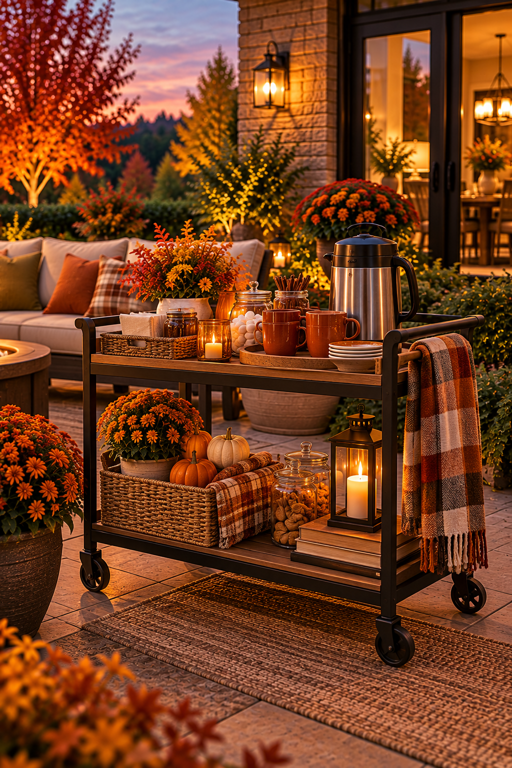 outdoor serving cart styled with warm drinks and fall decor on a cozy patio