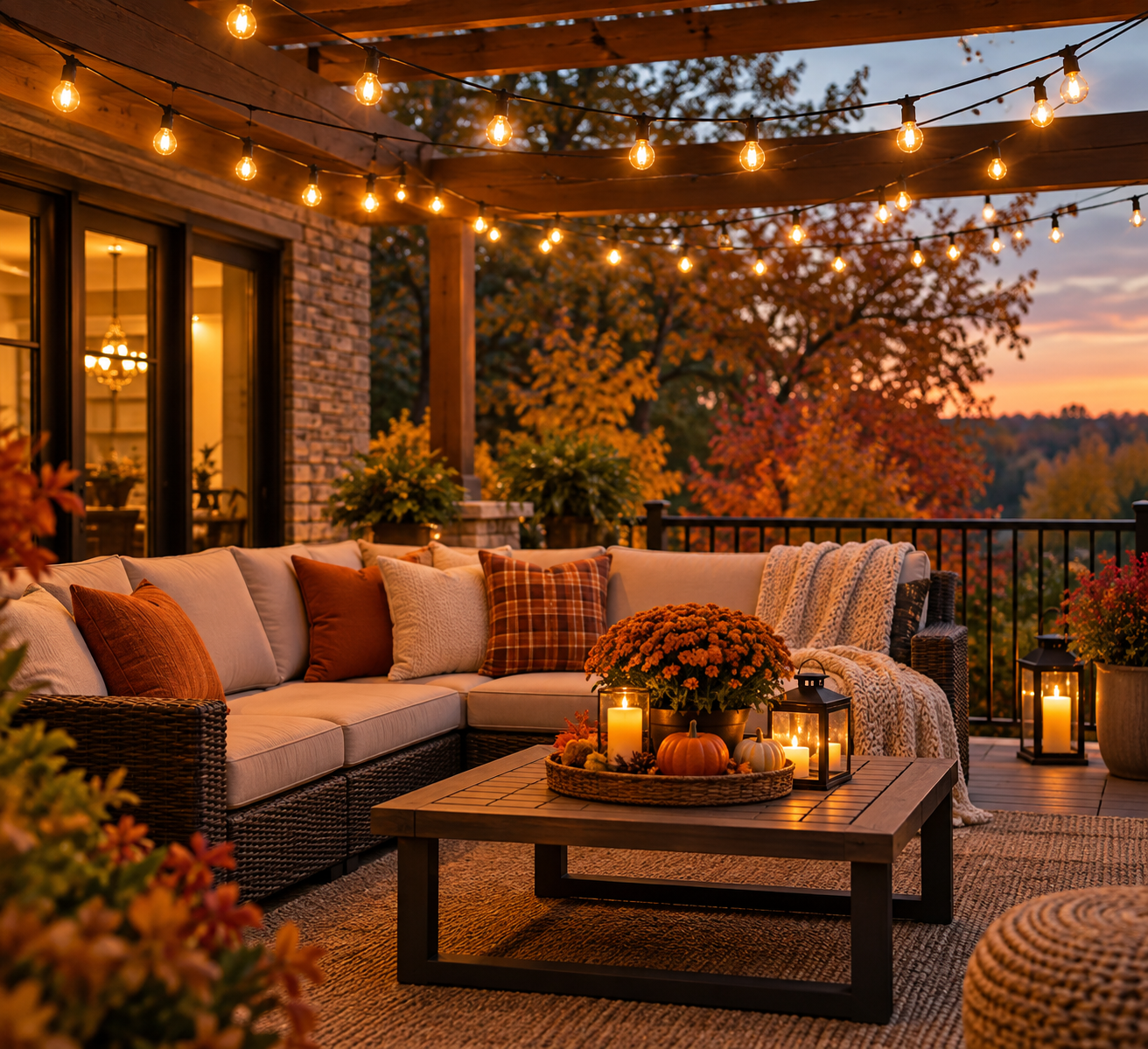 cozy fall patio with warm outdoor string lights on a chilly October evening