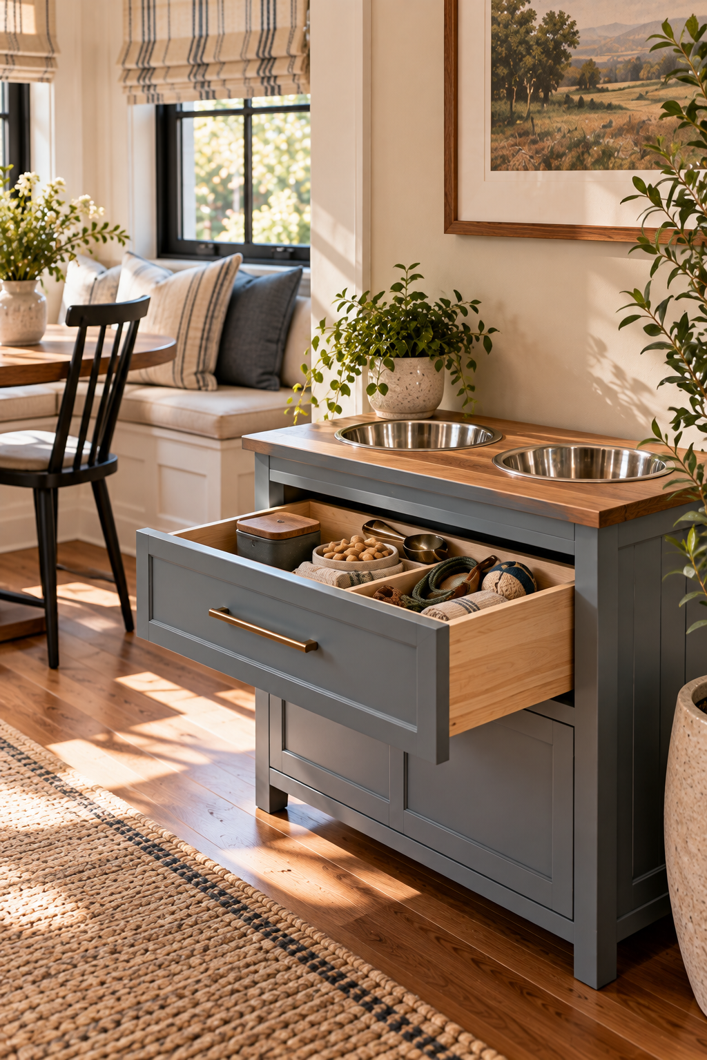 stylish dog feeding station with built in bowls and hidden storage drawer