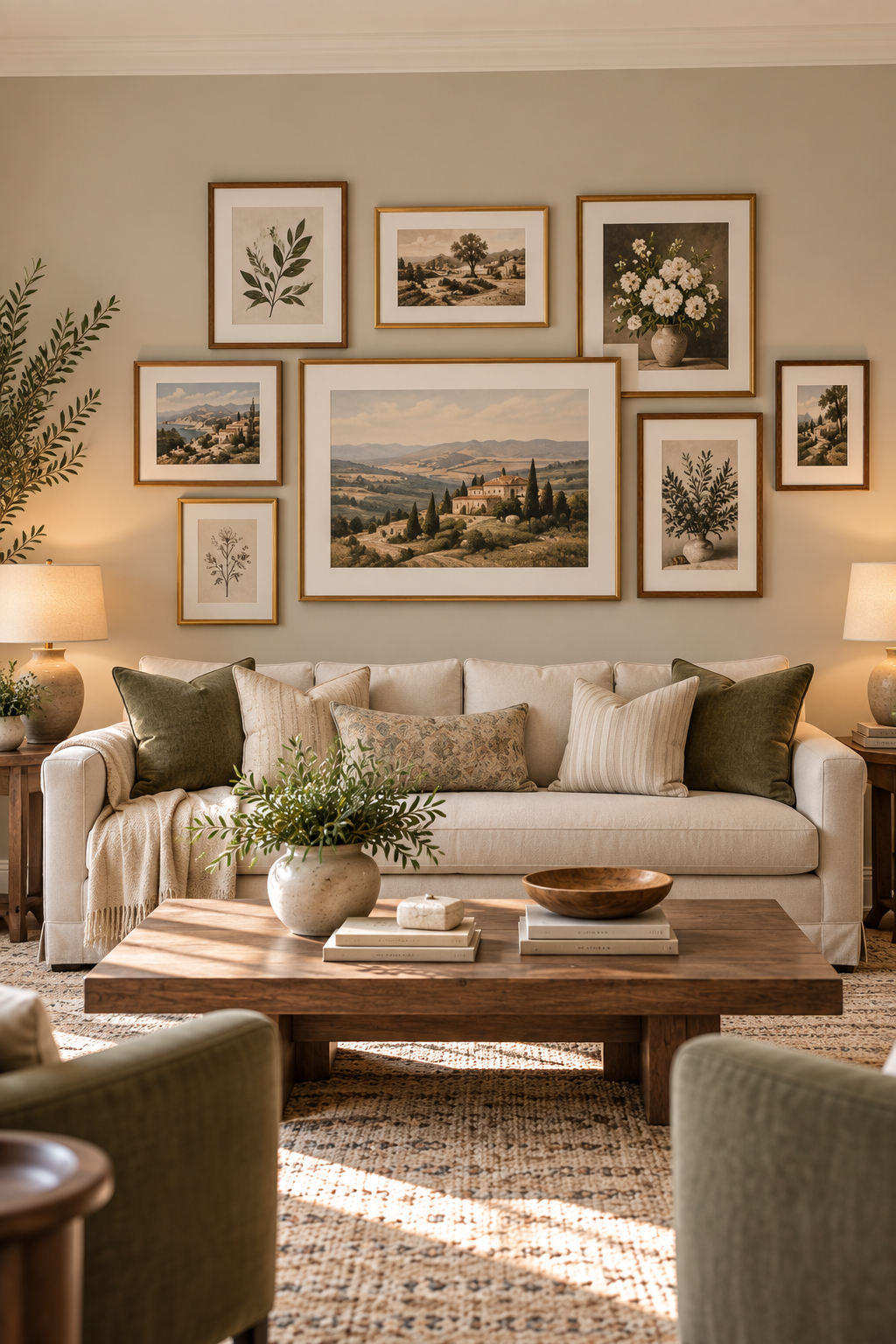 balanced gallery wall layout centered above a living room sofa