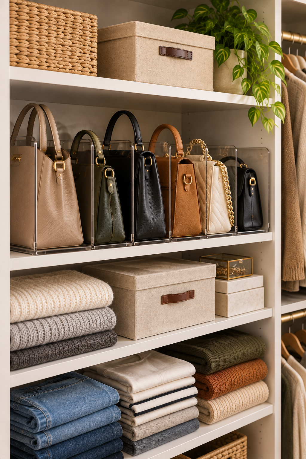 handbag shelf organizer keeping purses upright and separated on a closet shelf