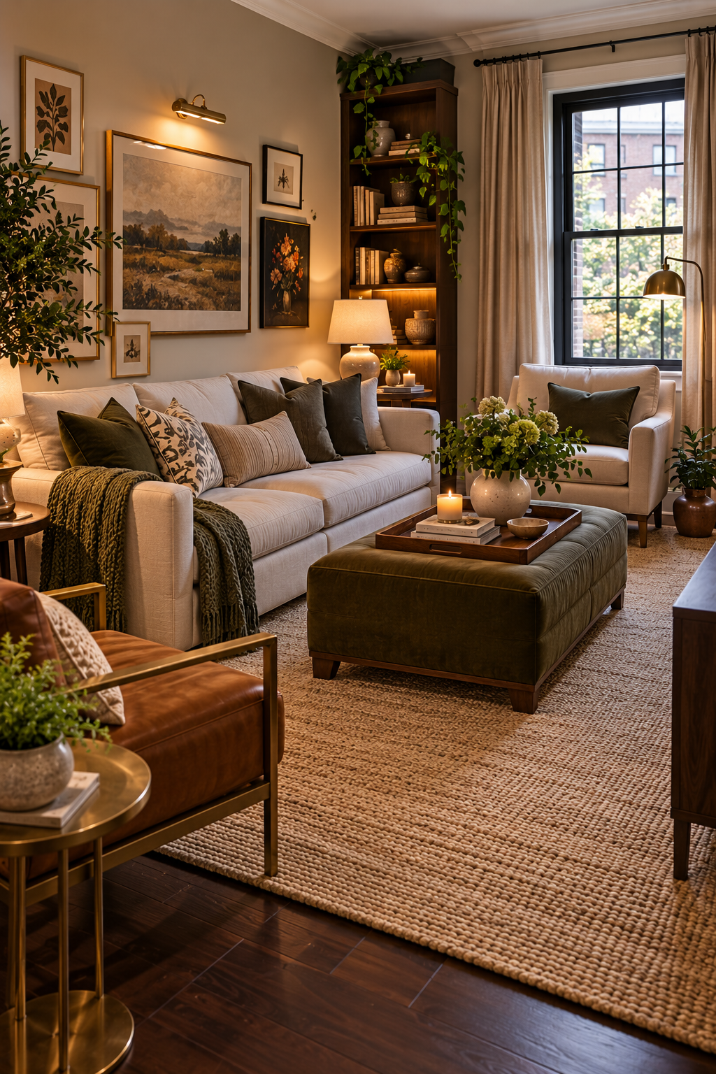 Curtains hung higher and wider in a small living room