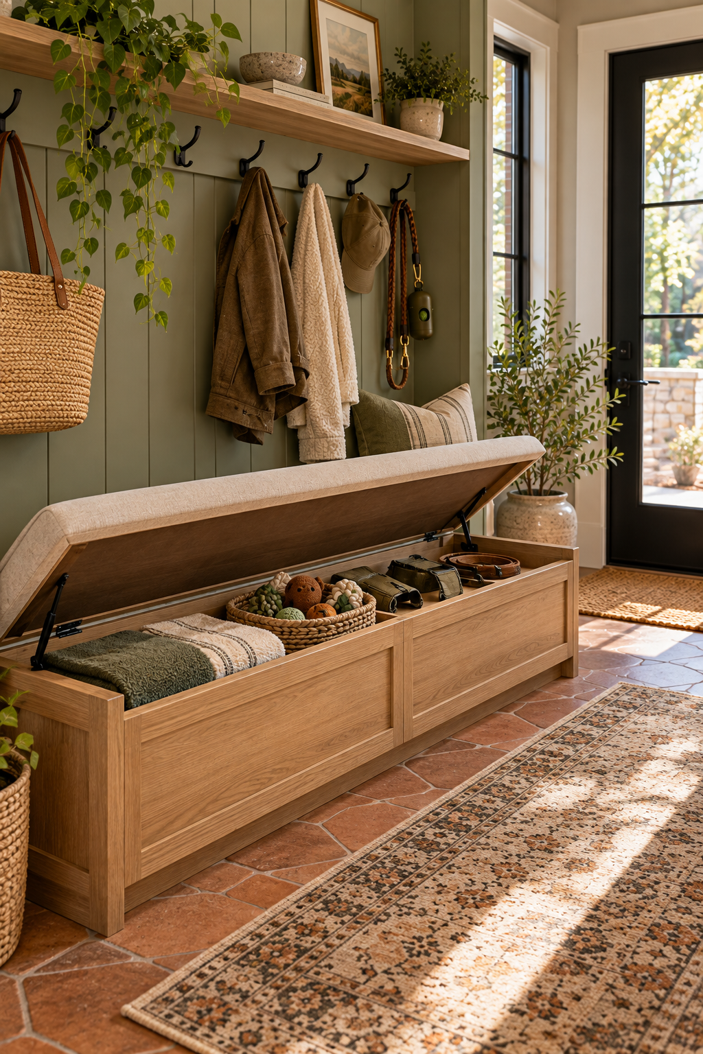 hidden storage bench for organizing dog supplies in a mudroom