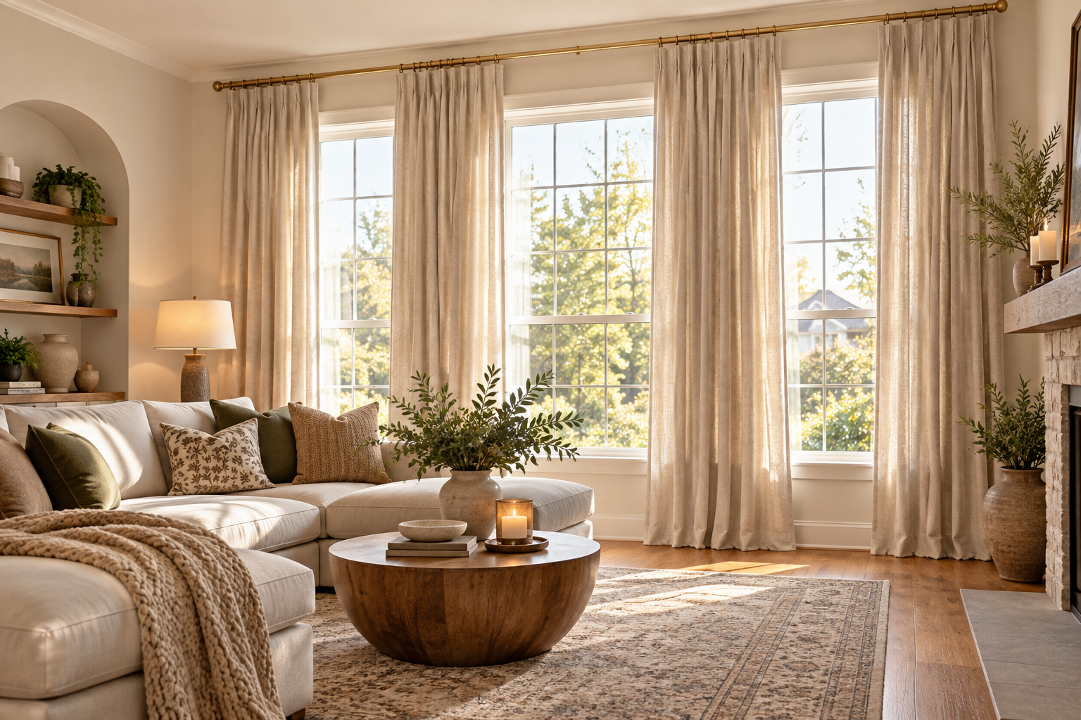 budget-friendly living room makeover with high and wide floor length linen curtains