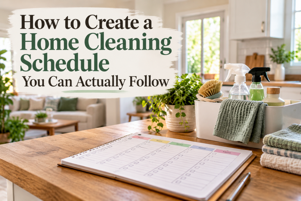 Home cleaning schedule with a weekly planner and cleaning supplies in a bright organized American home